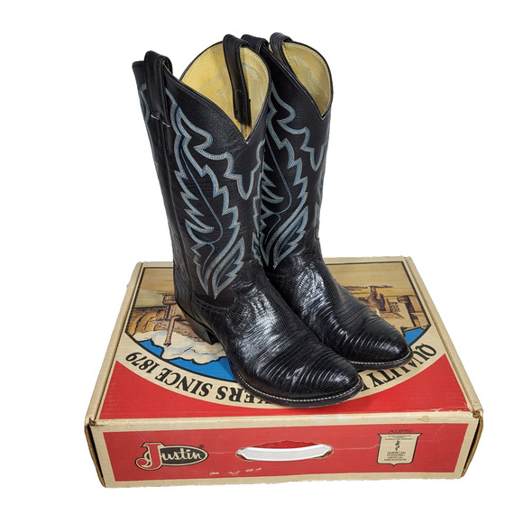 Vintage Justin Boots Mens Sz 8.5D Black Teju Lizard Skin Made In USA Cowboy West - Picture 1 of 15